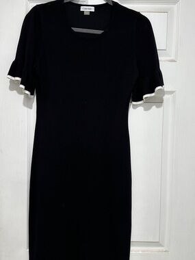 Calvin Klein Black Knit Sweater Dress with White Trim Ruffled Sleeves